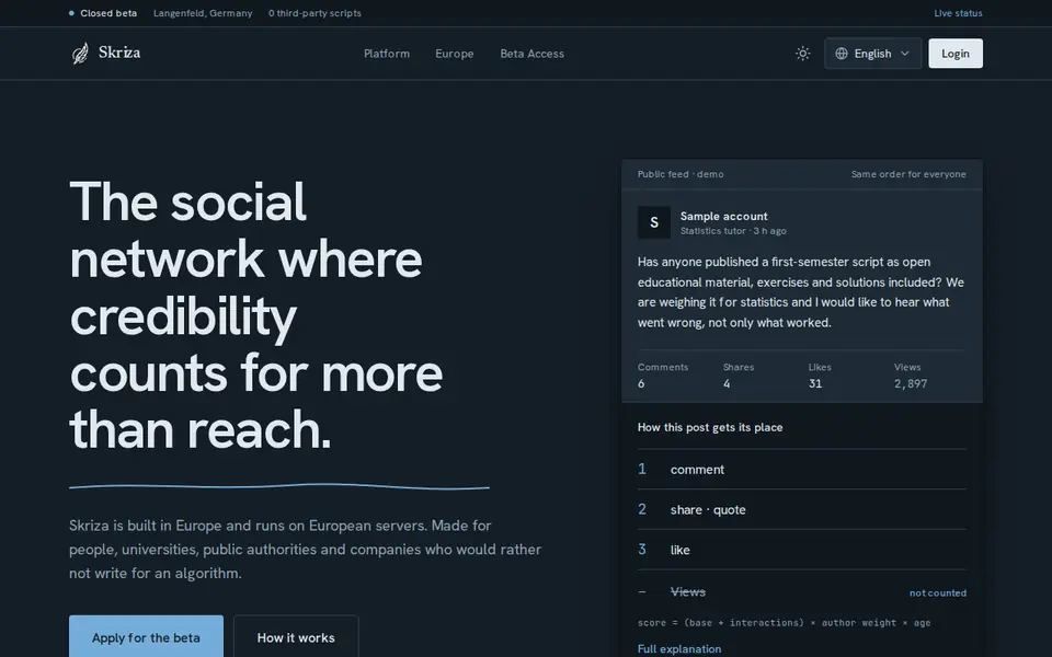 Skriza – Vorschau der Website
