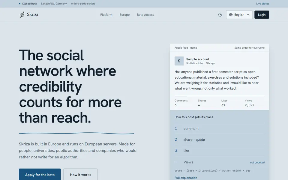 Skriza – Vorschau der Website